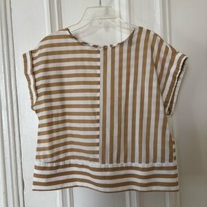 Banana Republic Tan and White Striped Short Sleeve Top